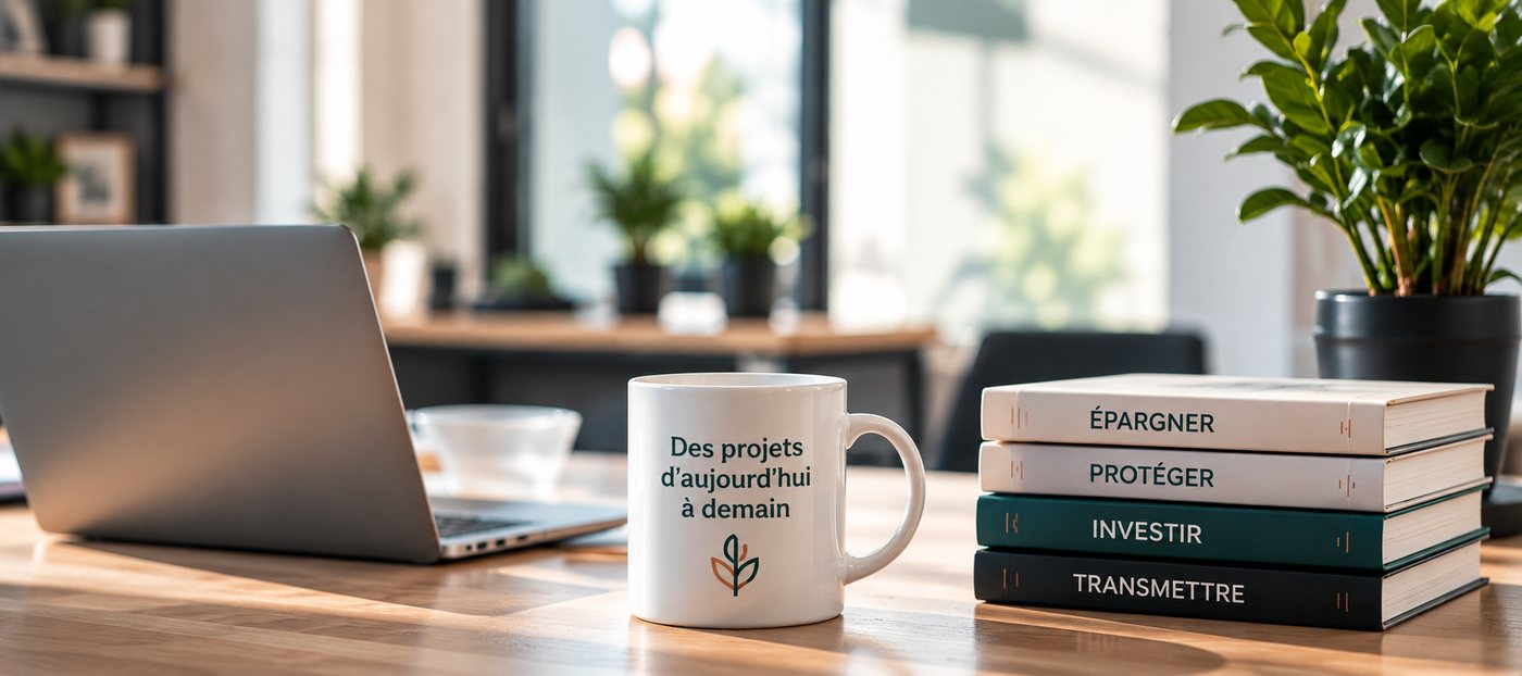 Bureau : ordinateur, tasse « Des projets d'aujourd'hui à demain » et livres Épargner, Protéger, Investir, Transmettre