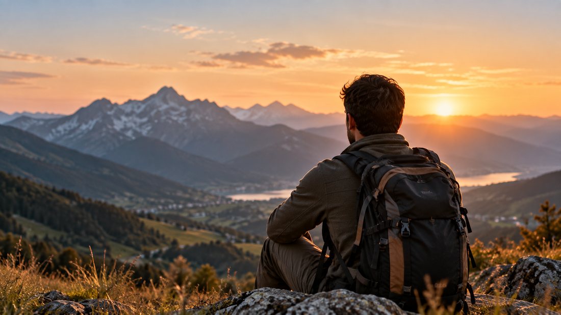 Un randonneur contemplant la montagne au coucher du soleil