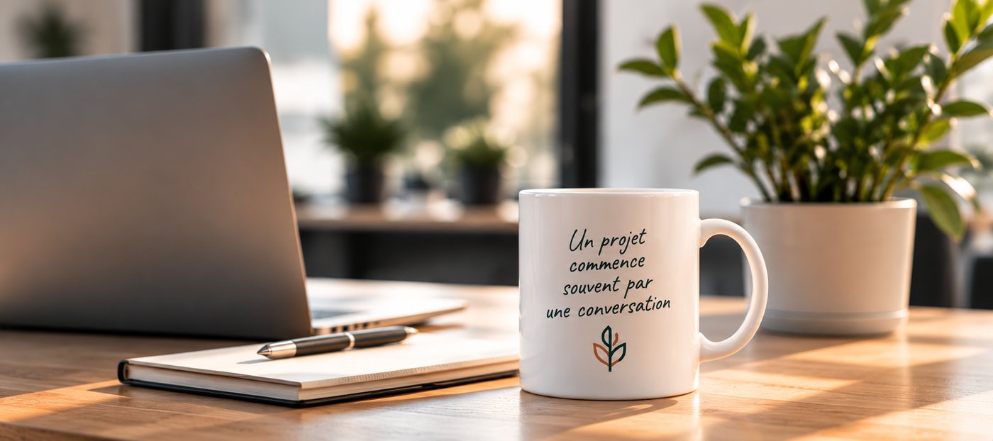 Bureau avec une tasse « Un projet commence souvent par une conversation »