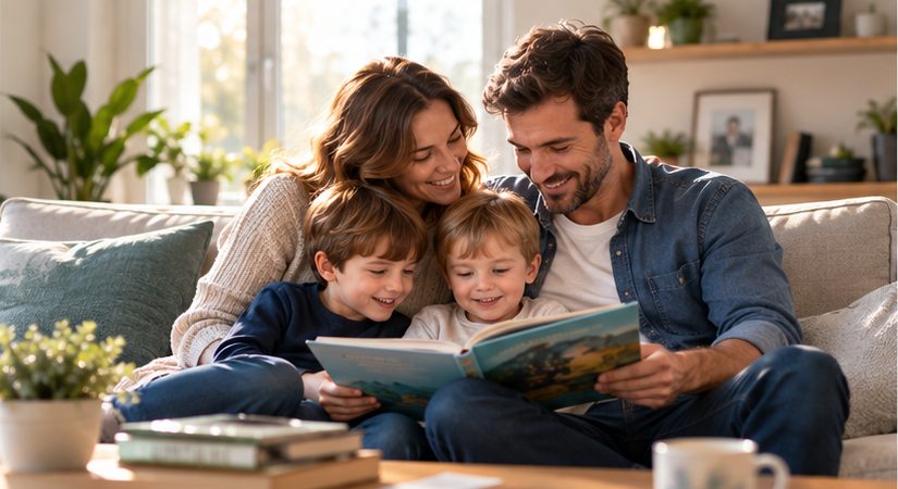 Une famille lisant ensemble dans son salon