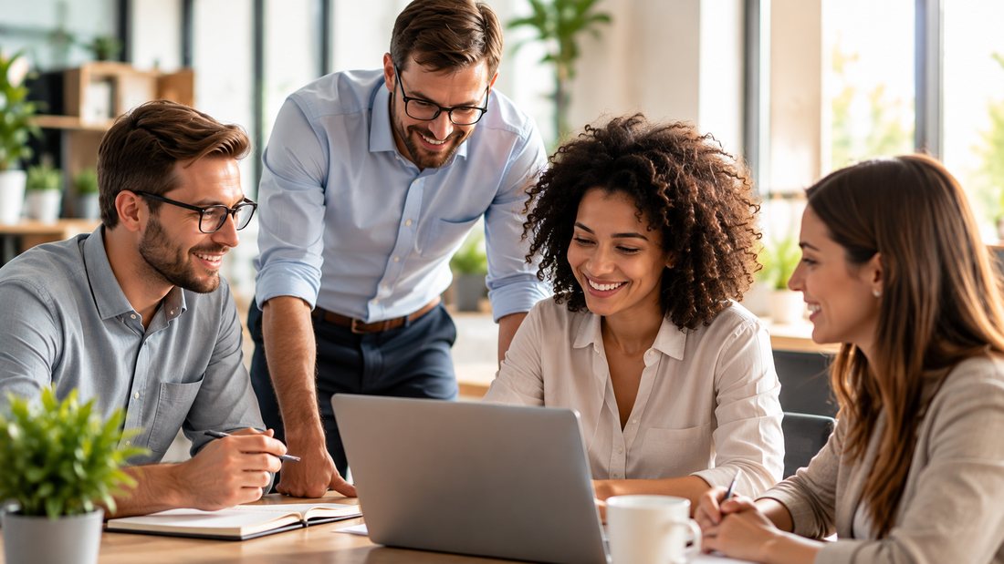 Une équipe de collaborateurs échangeant autour d'un ordinateur