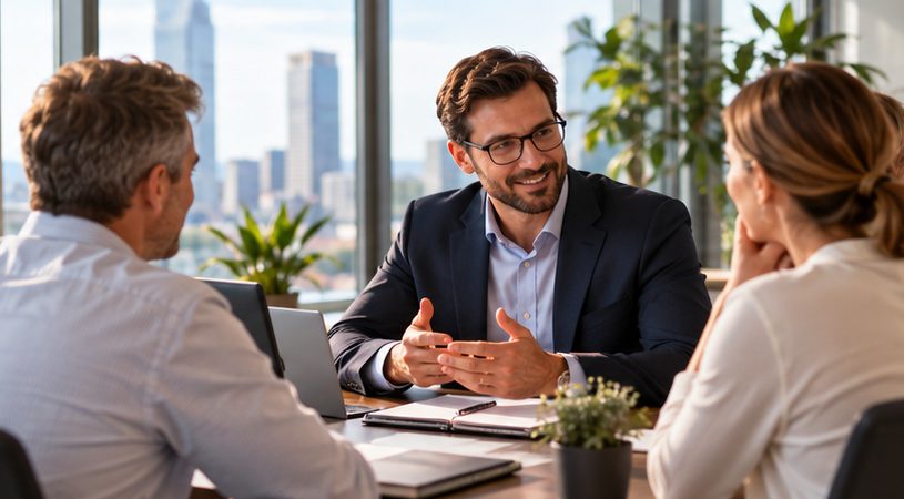 Un conseiller en rendez-vous avec un dirigeant et une cliente