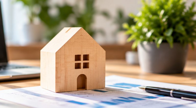 Maquette de maison en bois posée sur des graphiques