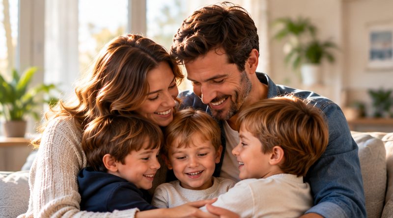 Une famille enlacée, souriante