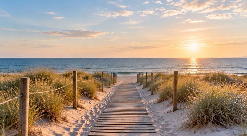 Chemin de dunes vers la plage au coucher du soleil